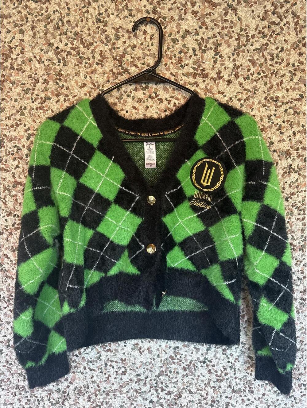 Wicked x Justice Fuzzy Argyle Cardigan Size GIRLS 12/14 Elphaba Green Button